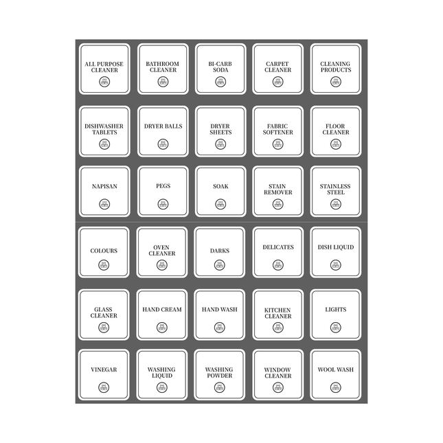 Laundry & Cleaning Labels – 30 Square Stickers for organised storage in kitchen or pantry, enhancing pantry and kitchen organisation.