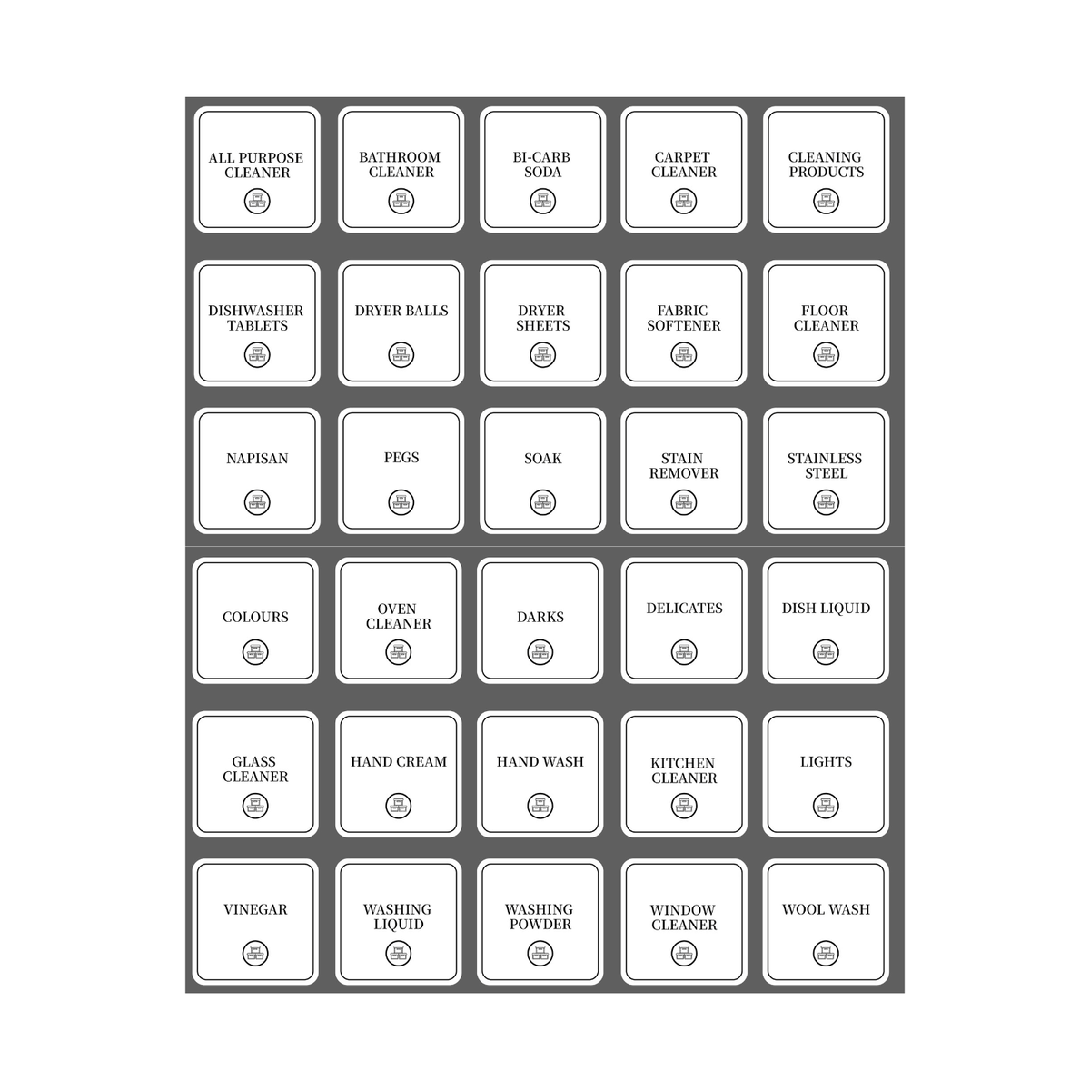 Laundry & Cleaning Labels – 30 Square Stickers for organised storage in kitchen or pantry, enhancing pantry and kitchen organisation.