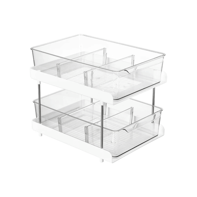 Two-tier under-sink drawer organiser for efficient storage and kitchen organisation, perfect for keeping items tidy and accessible.