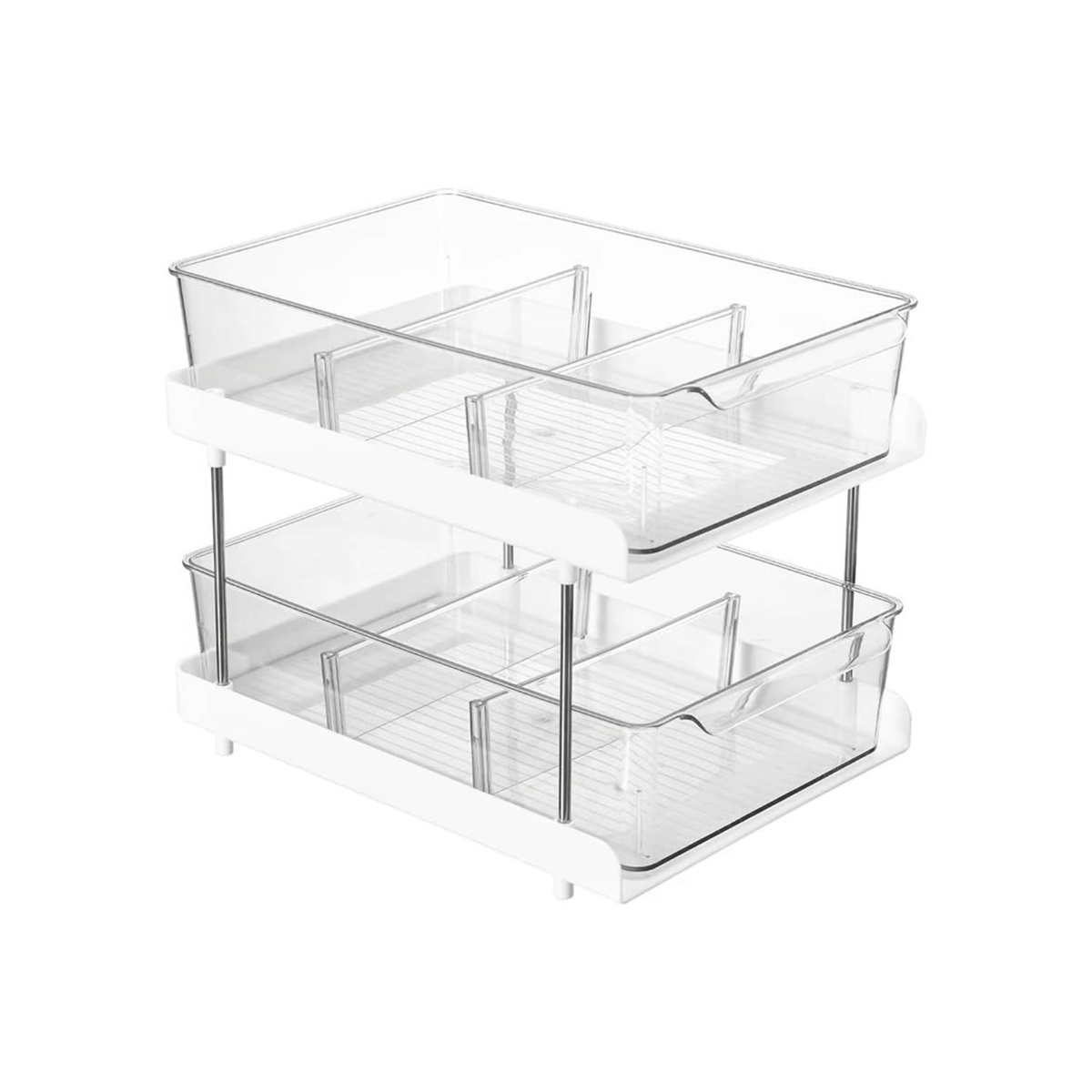 Two-tier under-sink drawer organiser for efficient storage and kitchen organisation, perfect for keeping items tidy and accessible.