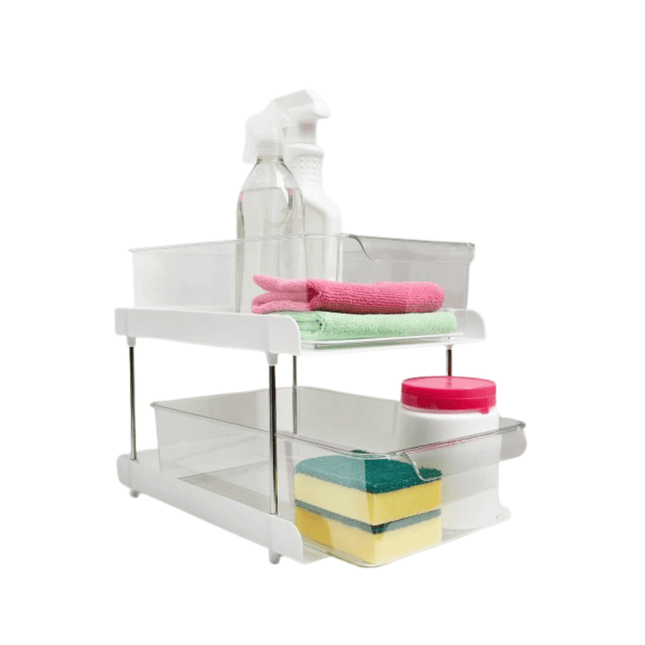 Under-Sink Drawer Organiser holding cleaning supplies, perfect for kitchen organisation, showcasing under sink storage efficiency.