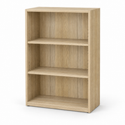 A three-tier wooden bookcase with a light oak finish, shown from a three-quarter angle on a white background.