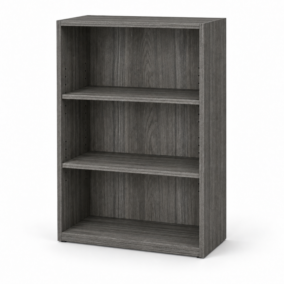 A three-tier bookcase with a gray wood grain finish, shown from a three-quarter angle on a white background.
