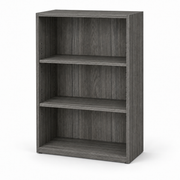 A three-tier bookcase with a gray wood grain finish, shown from a three-quarter angle on a white background.