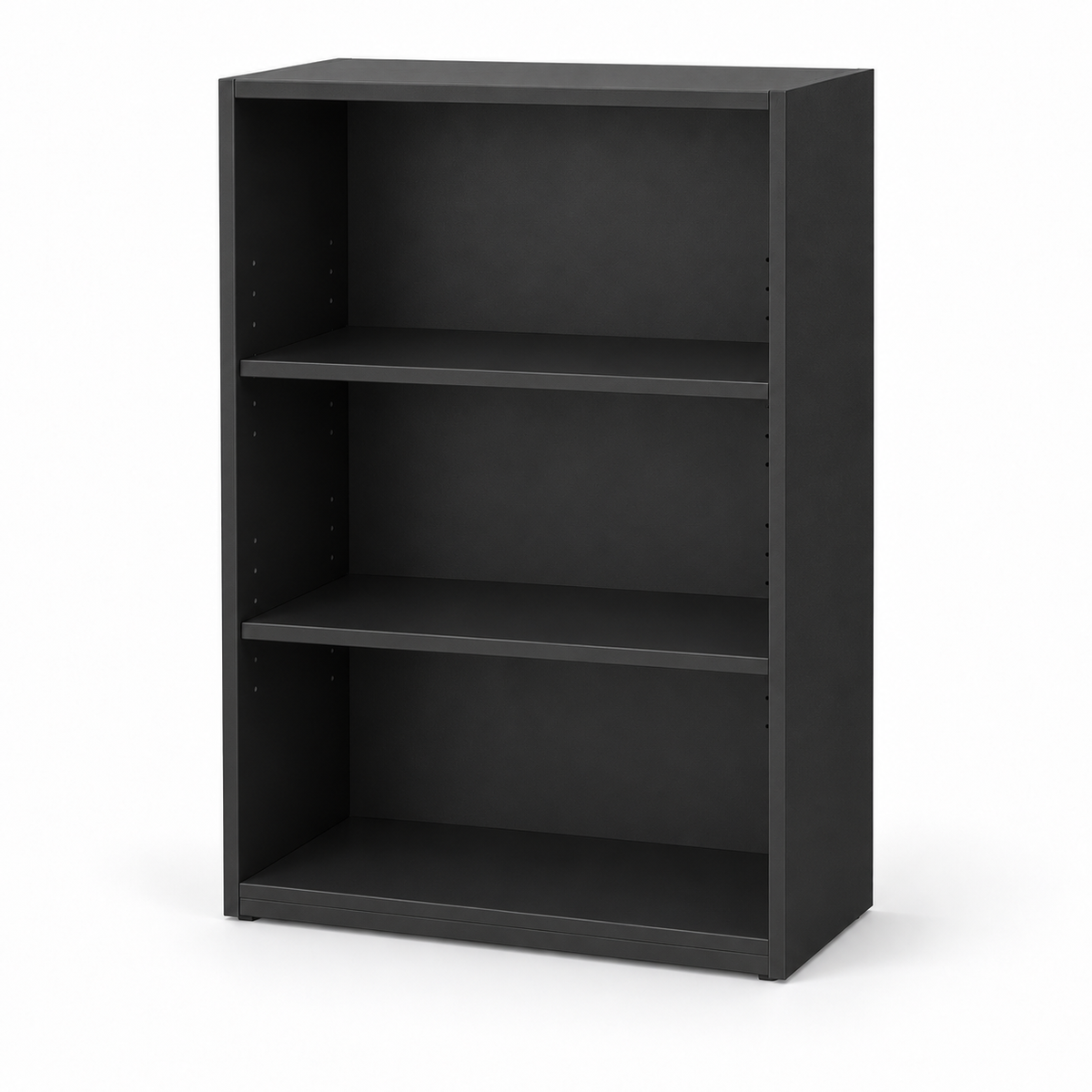 A three-tier black bookcase with adjustable shelves, shown from a three-quarter angle on a white background.
