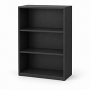 A three-tier black bookcase with adjustable shelves, shown from a three-quarter angle on a white background.