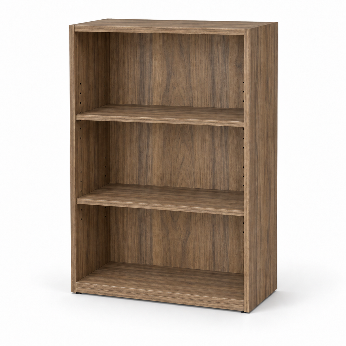 A three-tier wooden bookcase with a medium brown wood grain finish, shown from a three-quarter angle on a white background.