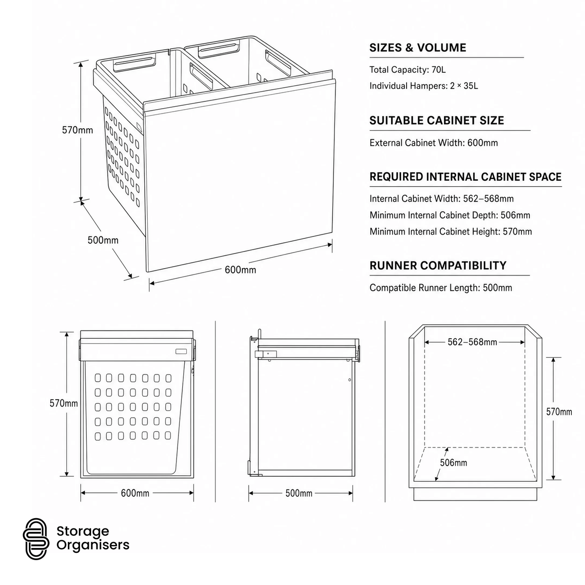 Hamper Laundry  Pull-Out – 600mm Cabinet (2 × 35L)
