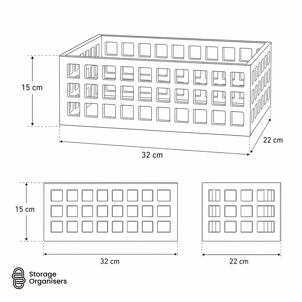 Large perforated storage basket with 32cm length and product dimensions