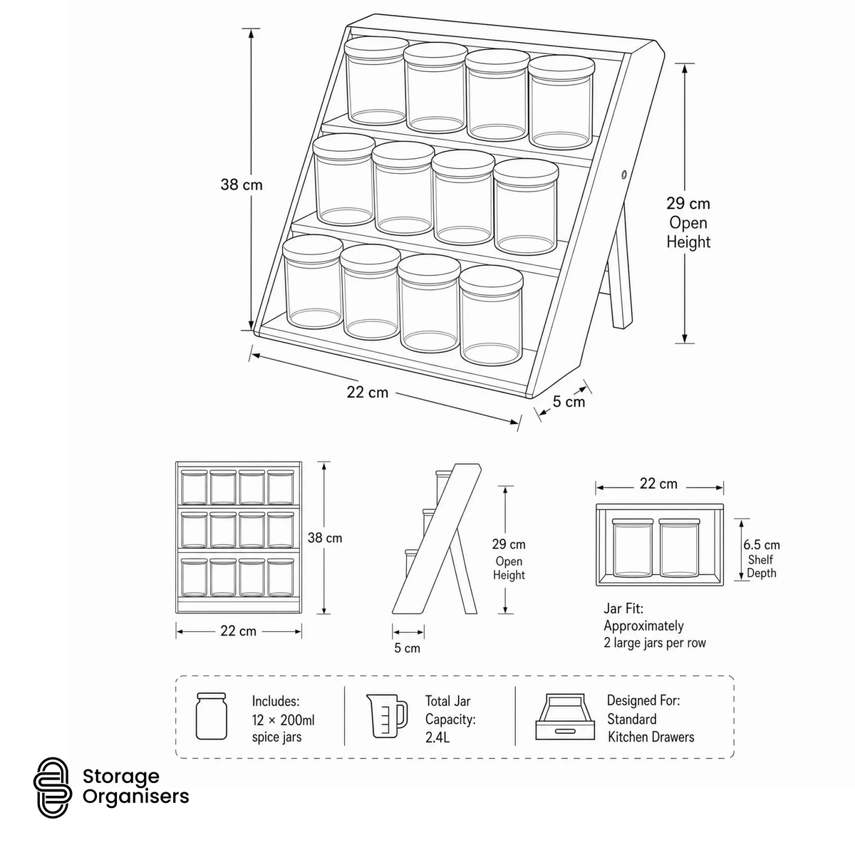 Bamboo Spice Rack Stand With 12 Spice Jars