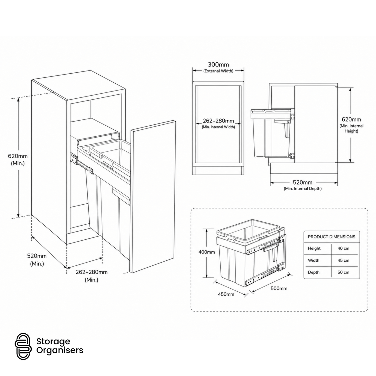 Pull-Out Kitchen Bin – 300mm Cabinet (32L)