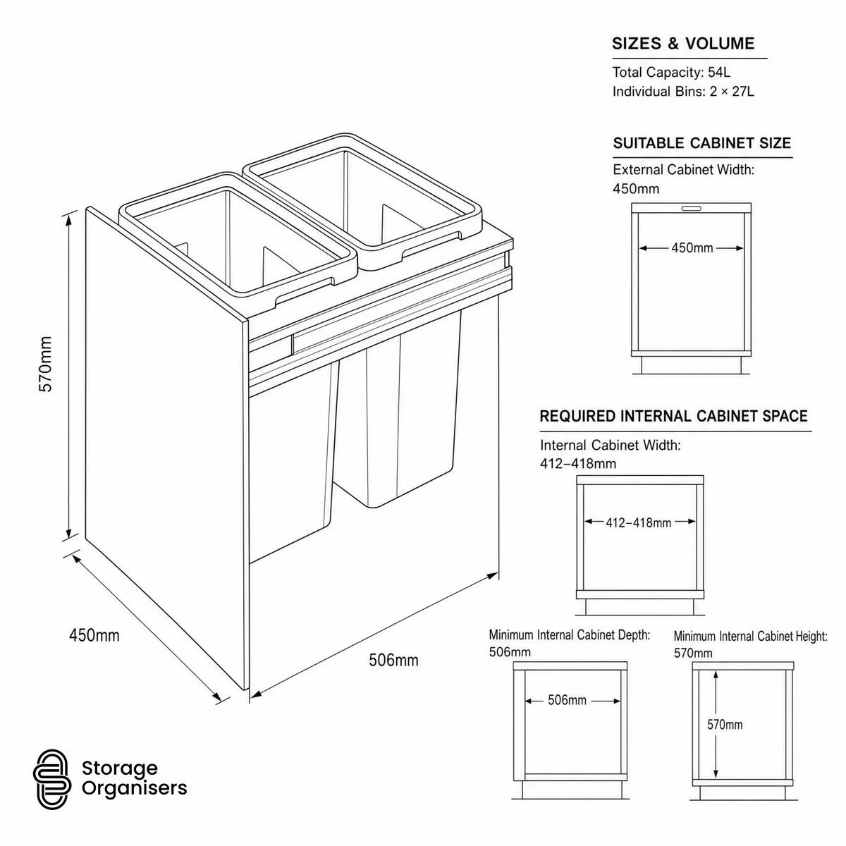 Pull-Out Kitchen Bin – 450mm Cabinet (2 × 27L)