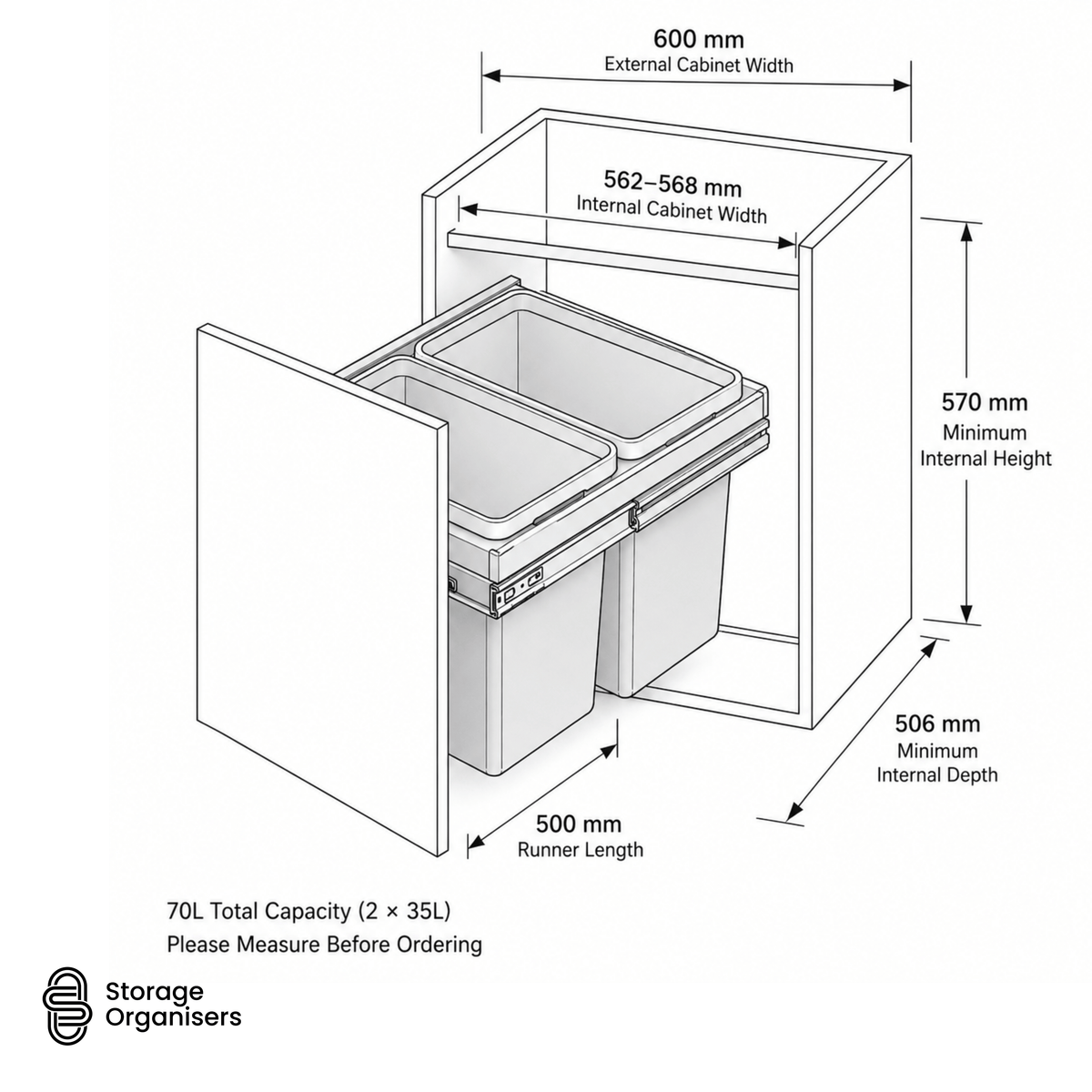 Pull-Out Kitchen Bin – 600mm Cabinet (2 × 35L)