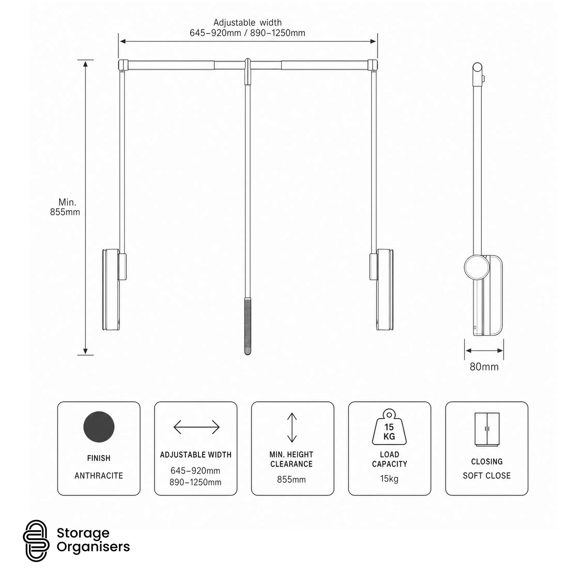 Pull Down Wardrobe Rail Anthracite Soft Close