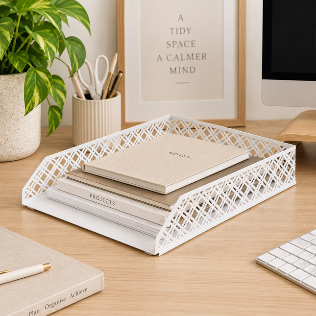 Desk Organiser Tray -  White Metal Document Tray