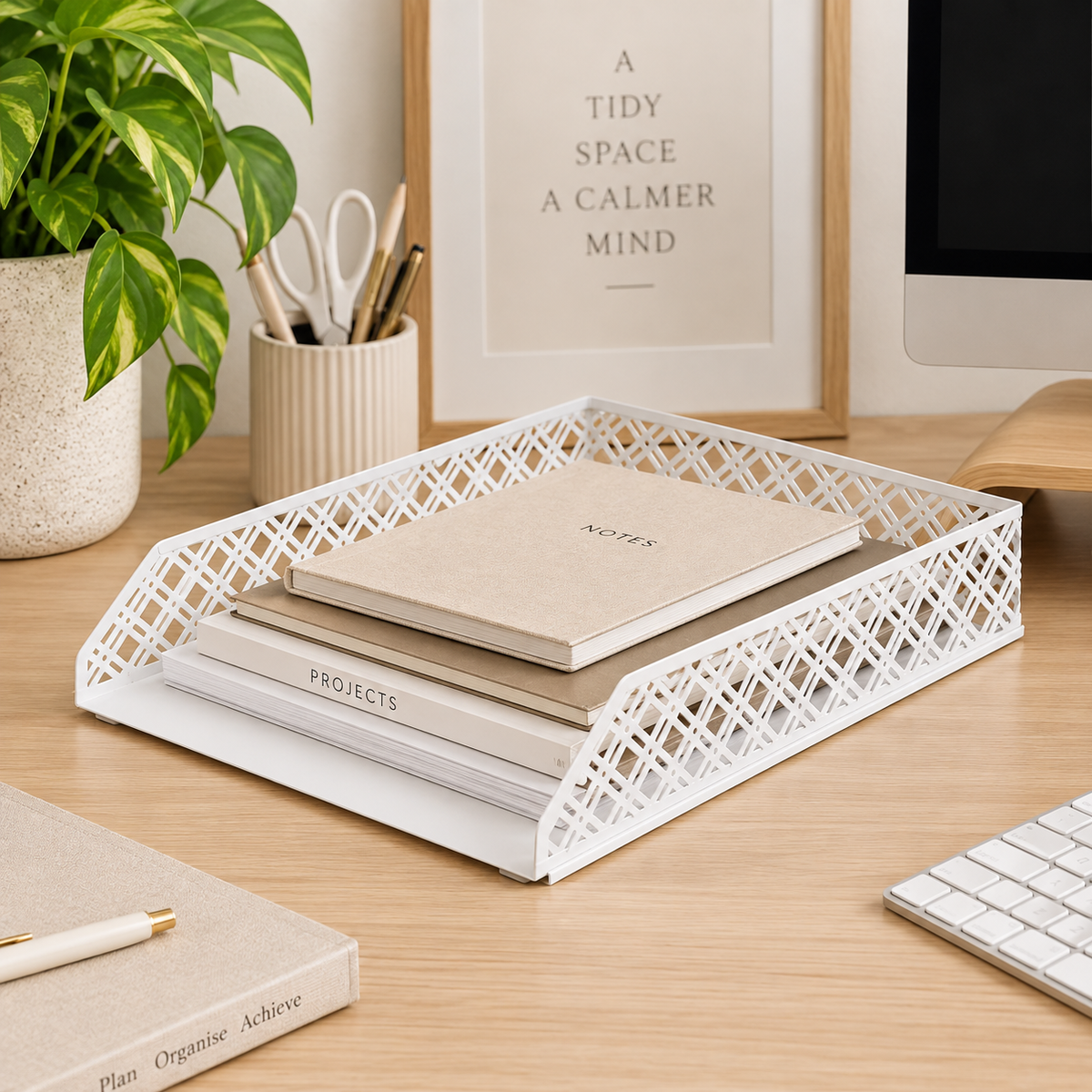 Desk Organiser Tray -  White Metal Document Tray