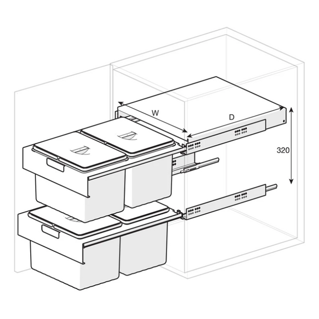 Illustration of Dual Pull-Out Kitchen Bin – Fits 450mm Cabinet, ideal for under sink storage and kitchen organisation.