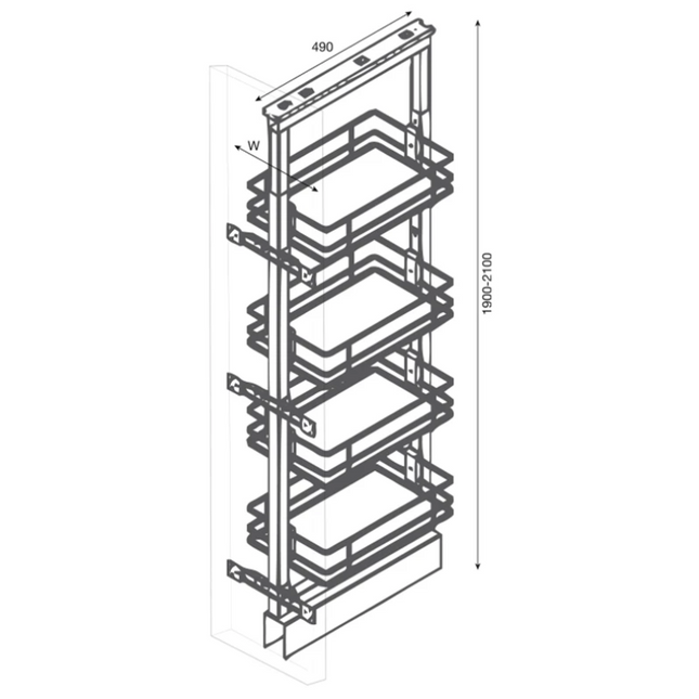 Tall pull out pantry storage unit with smooth-glide shelves, ideal for kitchen organisation in 300mm and 400mm cabinets.