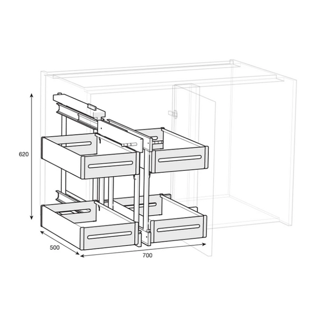 Complete Pull-Out Corner Unit – Fits 900mm+ Cabinets, ideal for kitchen organisation with accessible drawer organisers.