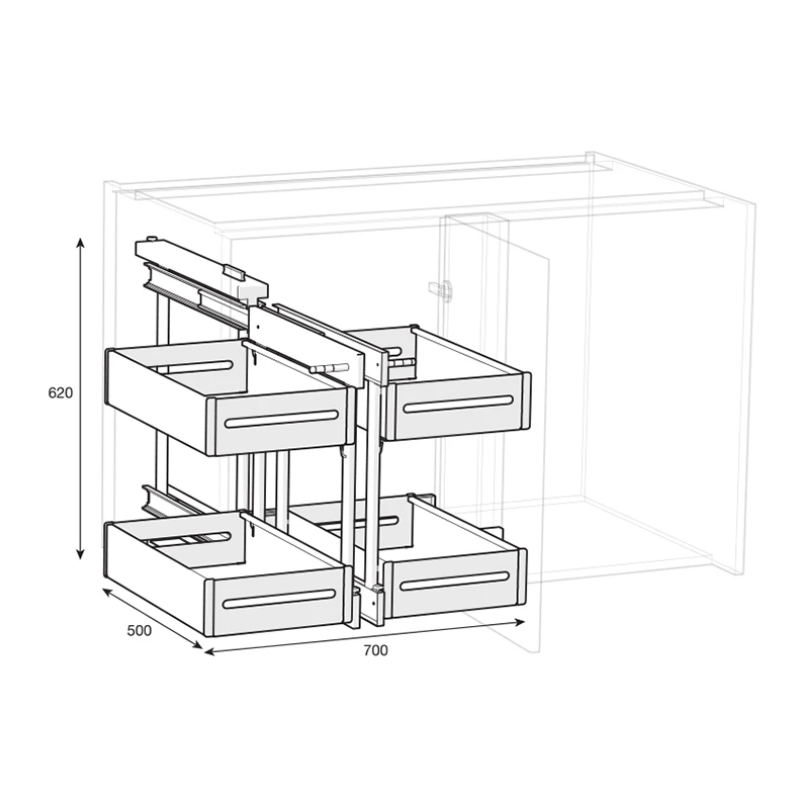 Complete Pull-Out Corner Unit – Fits 900mm+ Cabinets, ideal for kitchen organisation with accessible drawer organisers.