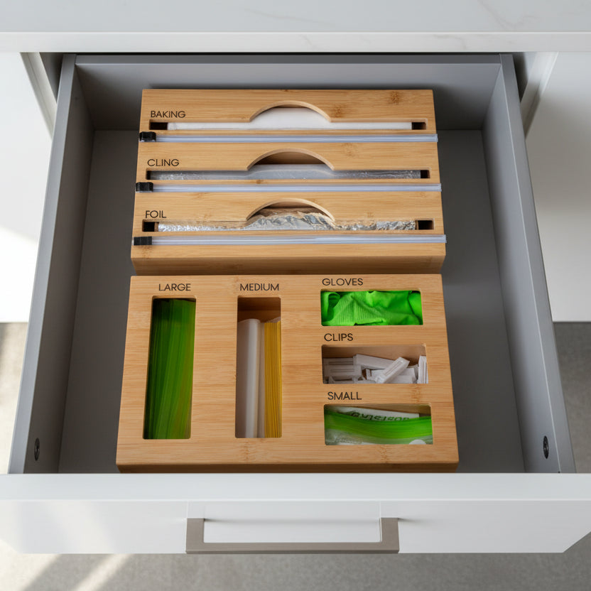 Bamboo Food Wrap Dispenser & Sandwich Bag Organiser Pack in a kitchen drawer for efficient pantry and drawer organisation.