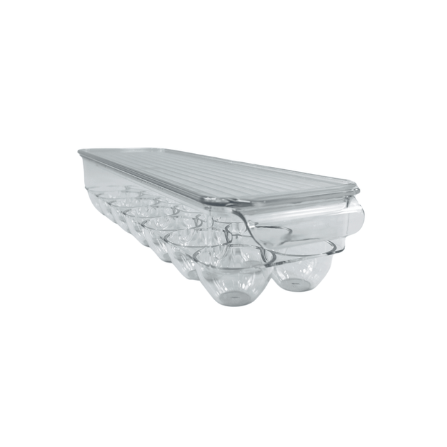 Clear egg organiser with lid for secure and convenient fridge storage, ideal for kitchen organisation and efficient space use.