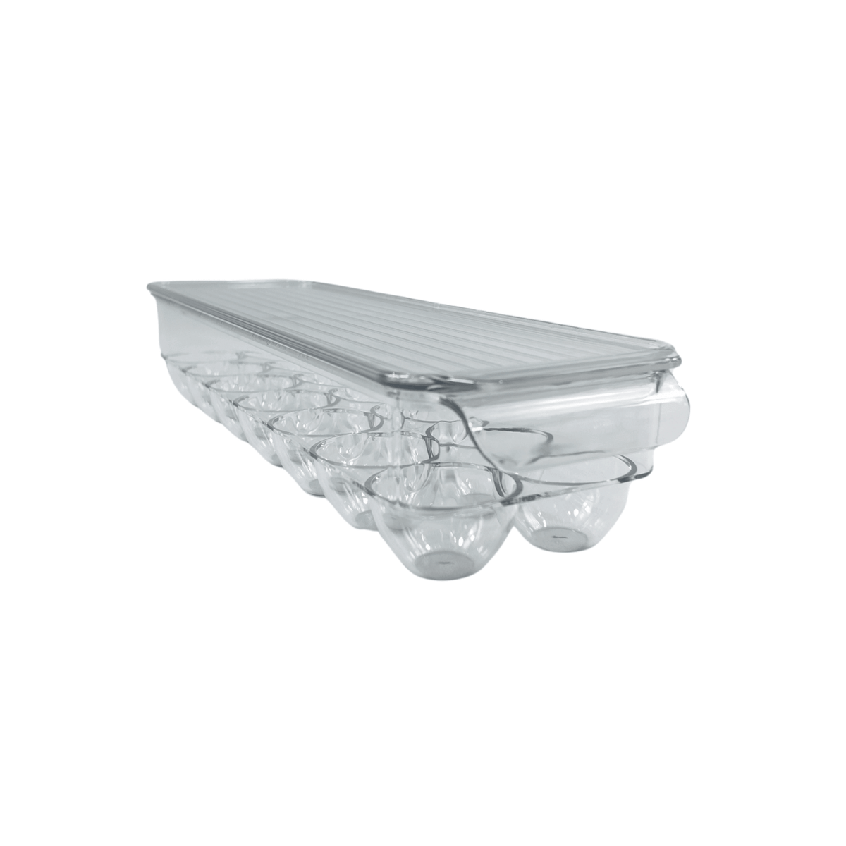 Clear egg organiser with lid for secure and convenient fridge storage, ideal for kitchen organisation and efficient space use.