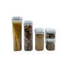 Set of five white airtight containers, ideal for pantry storage and kitchen organization.