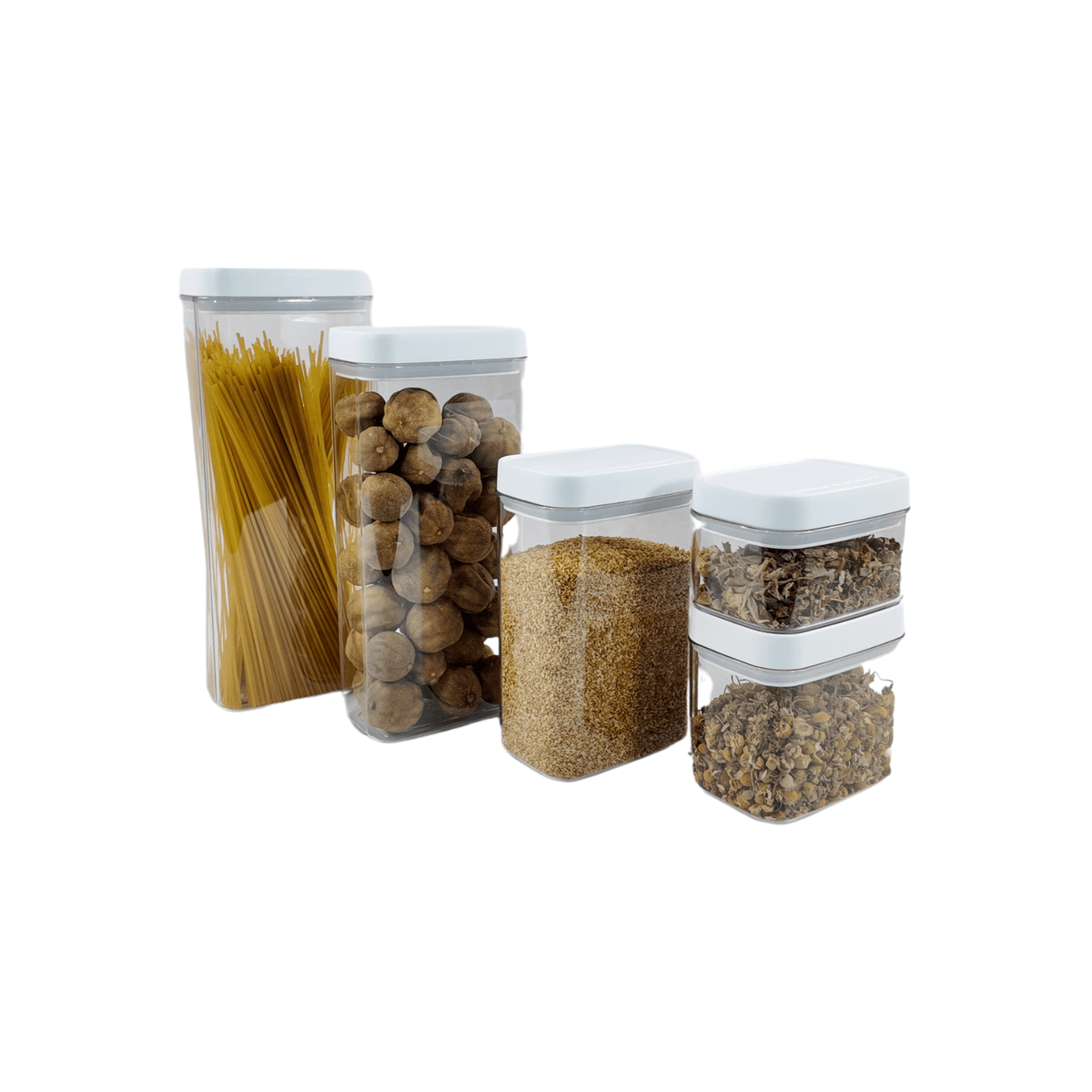 Set of elegant white airtight containers used for pantry organisation, perfect as storage organisers for kitchen essentials.