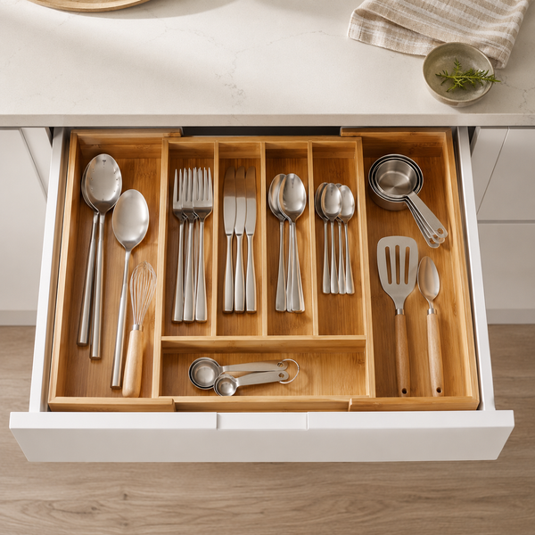 An open white kitchen drawer showing a bamboo utensil organizer filled with stainless steel cutlery and a few utensils with light wood handles, set on a light wood floor beneath a white countertop.