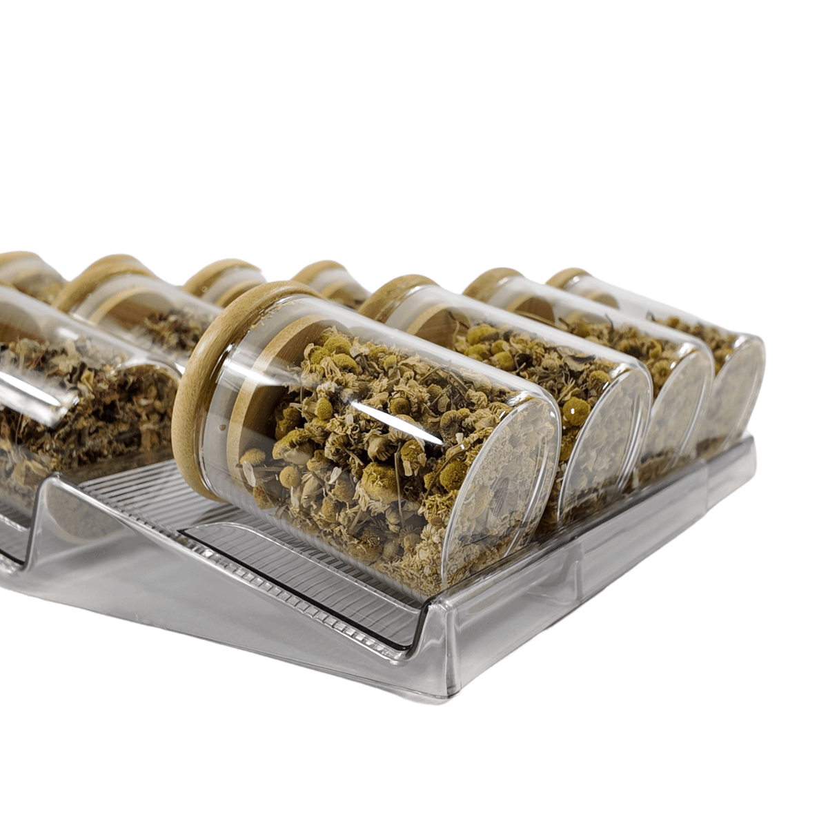 Expandable In-Drawer Spice Rack with glass jars for efficient kitchen and pantry organisation.