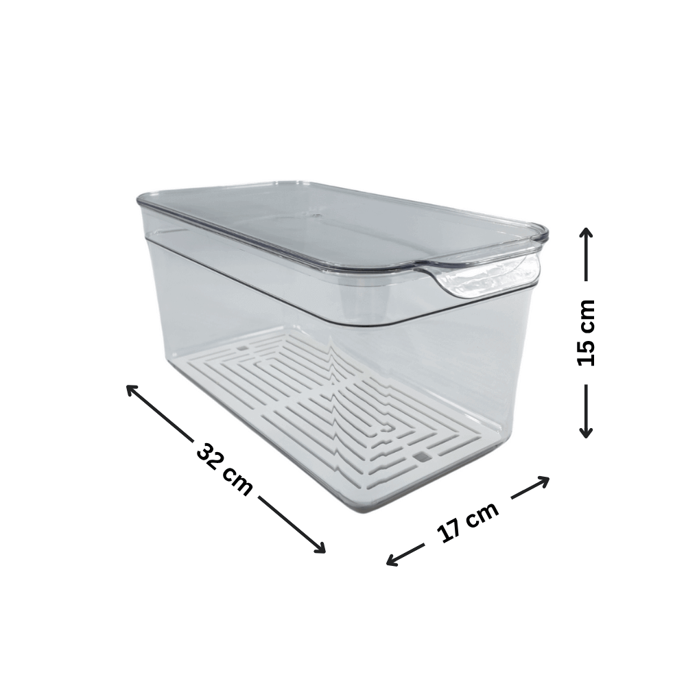 Transparent storage container from 14-Piece Fridge Organisation Starter Pack, ideal for kitchen fridge organisation, measuring 32x17x15 cm.
