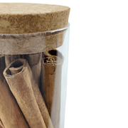 Glass Storage Jars with Cork Lid – 275ml filled with cinnamon sticks, ideal for kitchen and pantry organisation.
