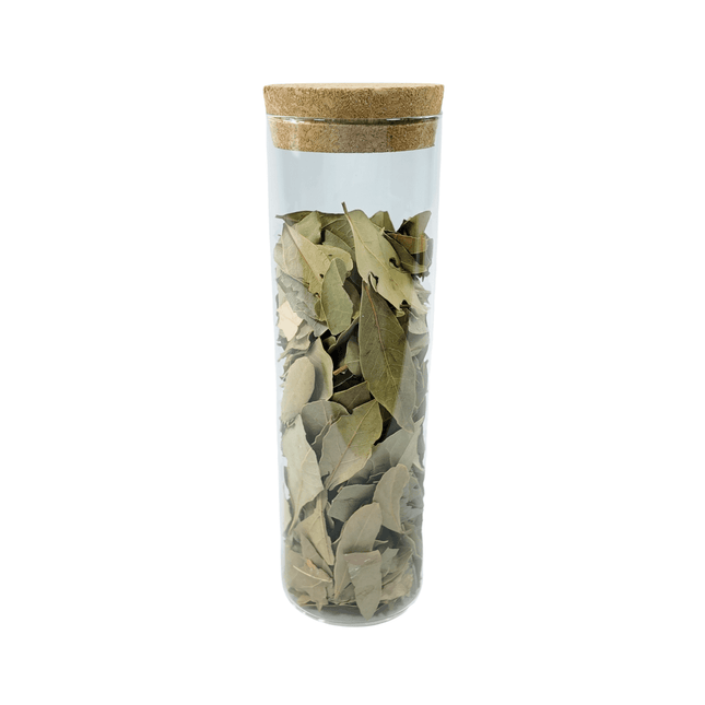 Glass Storage Jars with Cork Lid – 550ml (Set of 6) showcasing dried bay leaves for pantry organisation.