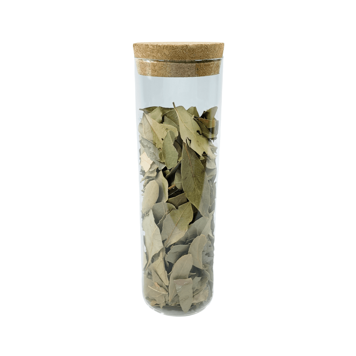 Glass Storage Jars with Cork Lid – 550ml (Set of 6) showcasing dried bay leaves for pantry organisation.