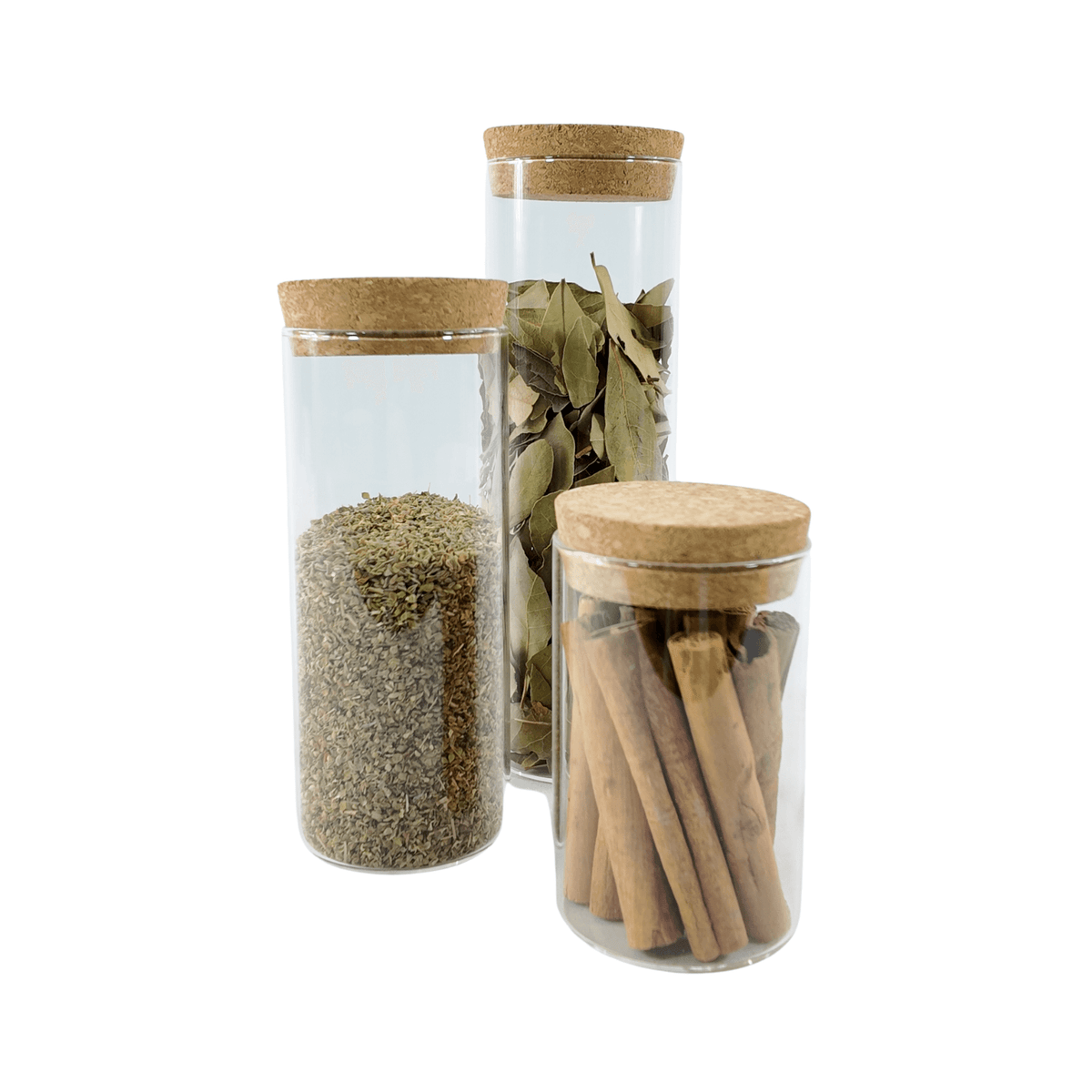 Glass Storage Jars with Cork Lid – 275ml used for kitchen organisation, showcasing stored spices and herbs in a pantry setting.