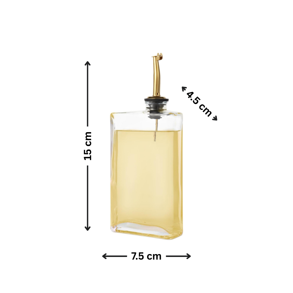 Glass Oil & Vinegar Dispenser Set – Book Style (2 x 350ml) shown for kitchen or pantry organisation with dimensions.