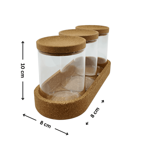 Glass storage jar trio set with cork lids, ideal for pantry organization or fridge storage.