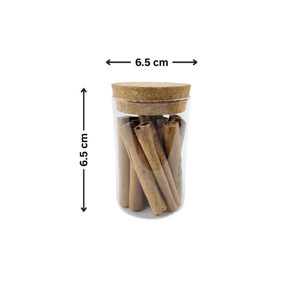 Glass Storage Jars with Cork Lid – 275ml filled with cinnamon sticks, ideal for kitchen and pantry organisation.