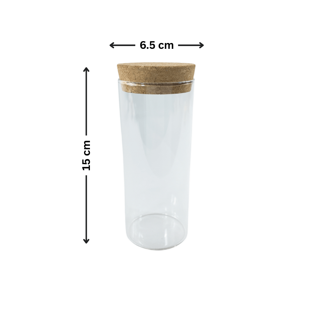 Glass Storage Jars with Cork Lid – 410ml, ideal for kitchen and pantry organisation, featuring a 6.5 cm width and 15 cm height.