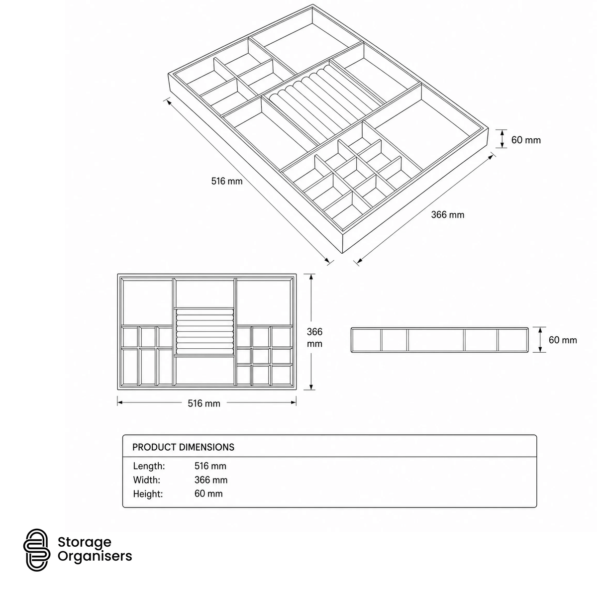Grey Felt Jewellery & Accessory Tray 516x366x60mm