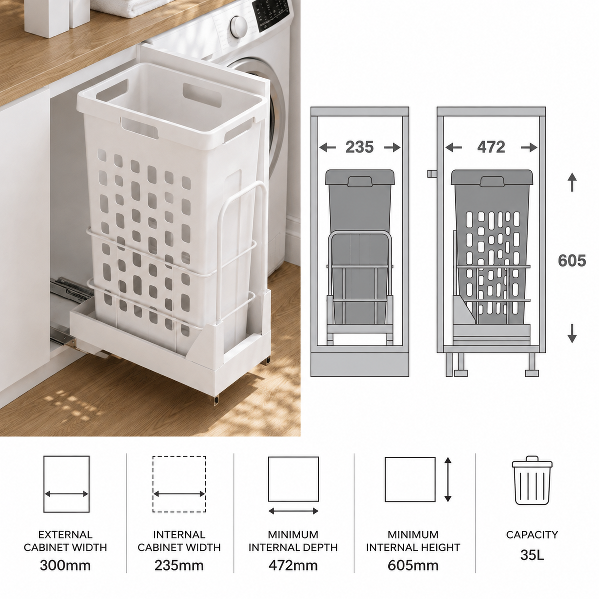 Hamper Laundry  Pull-Out – 300mm (35L)