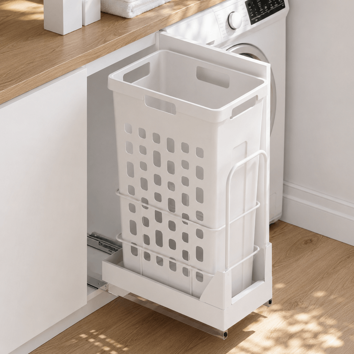 A white under-counter pull-out laundry hamper basket with a metal frame, shown partially extended next to a washing machine in a bright, modern laundry room.