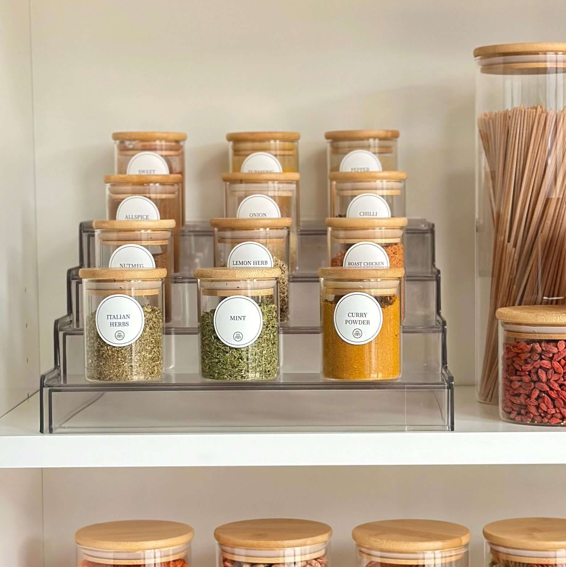 Round Glass Bamboo Herb and Spice Storage Jar Set – 12 Pack