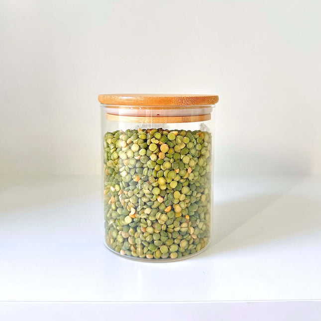 1050ml Glass Storage Jar with Bamboo Lid, ideal for kitchen organisation, showcases green lentils for pantry storage efficiency.