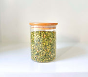 1050ml Glass Storage Jar with Bamboo Lid, ideal for kitchen organisation, showcases green lentils for pantry storage efficiency.