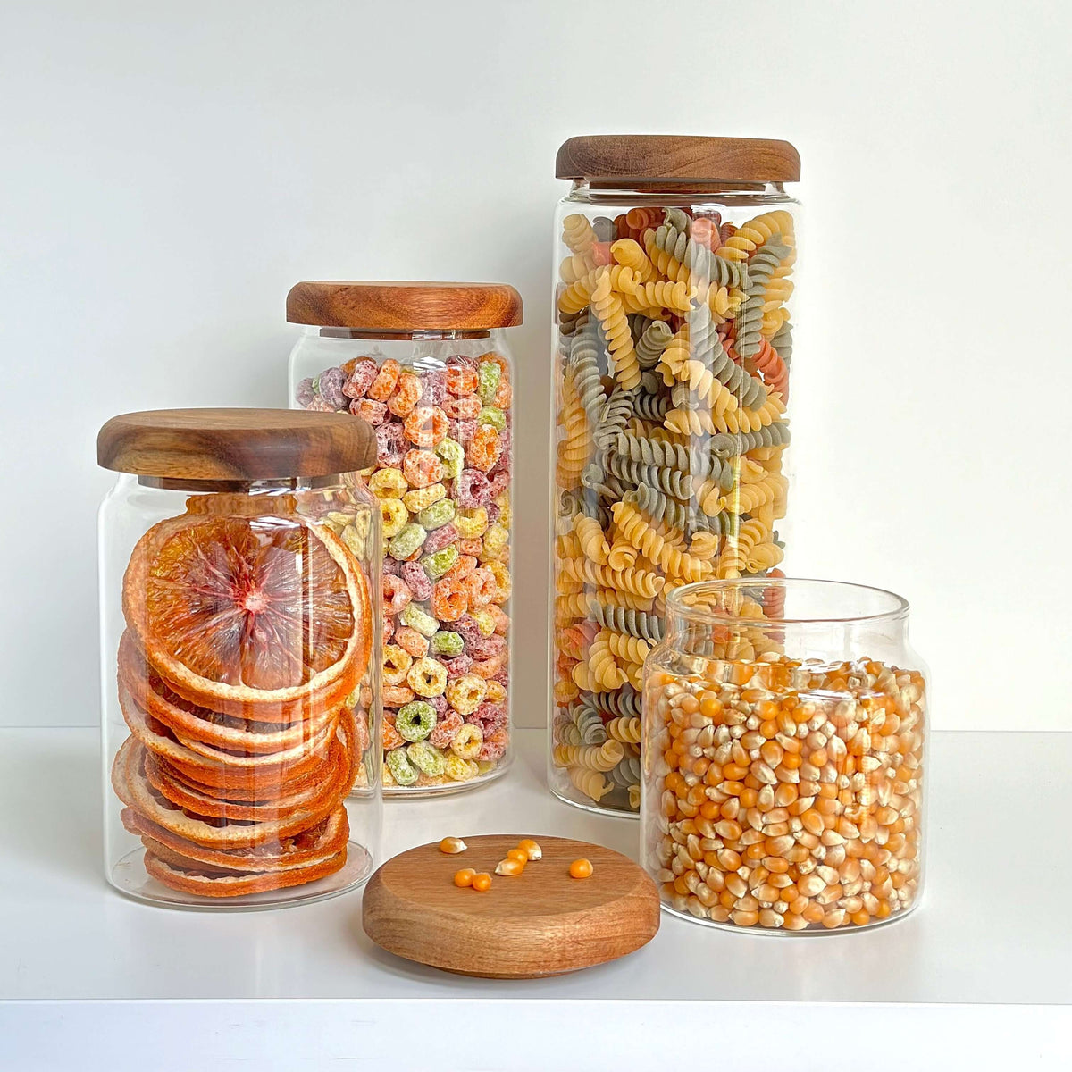 Acacia Lid Glass Jar Small Pantry Organisation 15 Pack, perfect for storing cereal, pasta, and more in kitchen or pantry.