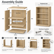 Assembly guide infographic for a light wood 3-tier storage cabinet, showing the disassembled parts, the finished assembled unit, hardware included, and four numbered step-by-step assembly instructions.