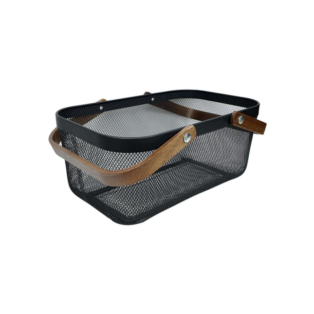 Black Mesh Large Handy Storage Basket – Acacia Handle, ideal for kitchen organisation, suitable for pantry or under sink storage.