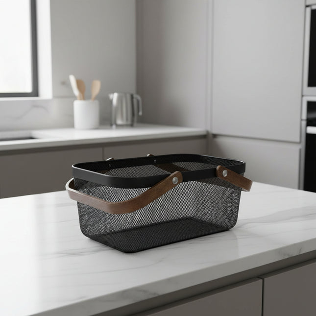 Black Mesh Large Handy Storage Basket – Acacia Handle placed on a kitchen counter, perfect for pantry or under sink organisation.